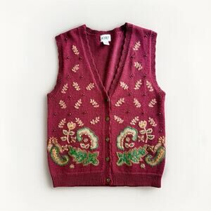 VTG 90s Koret Paisley Embroidered Sweater Vest Women S Knit‎ Bead Sequin Grandma